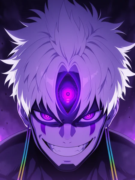 masterpiece, best quality, amazing quality, Evil eye, evil smile, grin, 1boy, white hair, facial mark, teeth