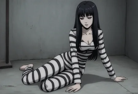 tomietomie, solo, alone, long hair, black hair, grey eyes, prison clothes, high quality, sensual, full body, empty room, cleavage