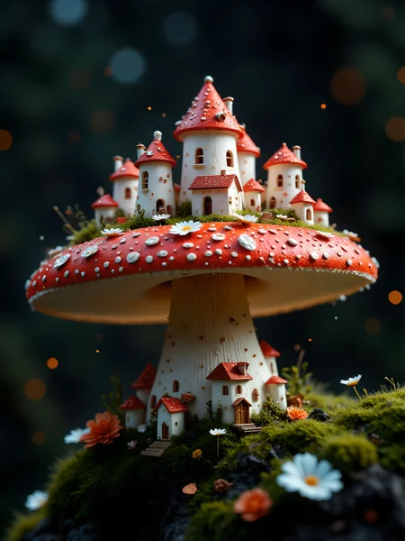 A macro close-up of a small, slightly red and white translucent fly agaric mushroom, featuring miniature houses adorning its textured surface, giving a whimsical and fantastical feel. The mushroom is depicted as a massive floating natural habitat, surrounded by an ethereal and spiritual atmosphere. The background is deep black with soft atmospheric haze, evoking a sense of mystery. The scene is highly detailed, with imperfections adding realism, and features film grain for a cinematic touch. The shallow depth of field emphasizes the mushroom’s intricate details, while color grading and vintage RAW photo aesthetics bring a nostalgic charm. Lighting is moody and atmospheric, capturing subtle highlights and shadows that enhance the surreal beauty of the composition. The overall tone is photorealistic and cinematic, with vibrant, soft, and glowing elements creating an enchanting, high-budget scene. aidmaimageupgrader, aidmaMJ6.1m, detailmaximizer, mythp0rt, ne0nfant4sy, drkfnts <lora:aidmaImageUpgrader-FLUX-V0.2:1.0> <lora:flux.1_lora_flyway_Epic-detail_v2:0.8> <lora:aidmaMJ6.1_aidmaMJ6.1-FLUX-v0.4:0.8> <lora:v1v1dr34m:0.7> <lora:aesthetic2-cdo-0.5:0.8> <lora:mythp0rt_FluxMythP0rtr4itStyle:0.7>