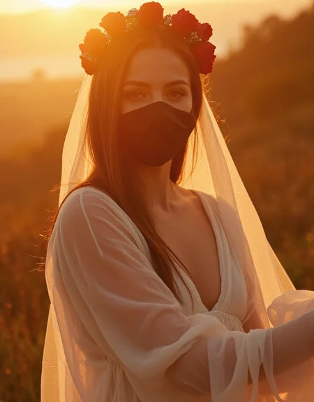 golden hour,  woman, black transparent veil over mouth smile sexy white dressred rose diadem on the head, long dress 