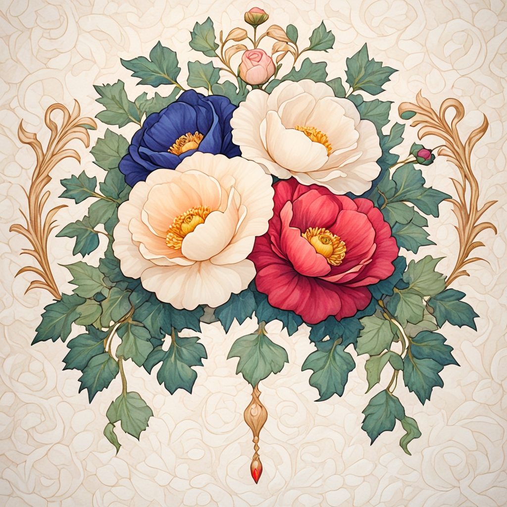 <lora:ArtNouveau2SDXL:1> ArsMJStyle, art nouveau,, The image shows a vibrant floral tapestry featuring intertwined roses, poppies, and chrysanthemums, surrounded by curling ivy and delicate tendrils. The background is a soft cream with faint gold accents, enhancing the elegance of the botanical arrangement., no humans, flower, still life, roses, poppies, chrysanthemums, ivy, decorative patterns, traditional media, intricate details, gold accents, ornamental
