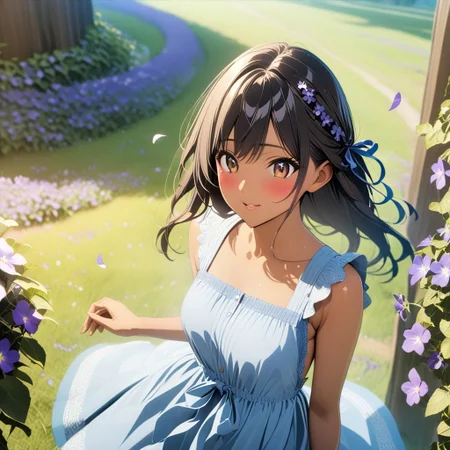 gorgeous lips, cinematic, (masterpiece), (best quality), (ultra-detailed), very aesthetic, illustration, perfect composition, intricate details, absurdres, detailed face, (anime, masterpiece, intricate:1.3), (best quality, hires textures, high detail:1.2), brown eyes,
1girl, brown skin, tan skin, very long black hair, wavy hair,medium breasts, perfecteyes, 8k, highest quality, ultra details,1girl, solo(,blue frilly backless sleeveless sundress with bows and ribbons:1.2), blue hair ribbon, surrounded by violets, dancing, field of violets, spring season, cinematic lighting, hair blowing in the wind, dress blowing in wind, blush, smile, happy, falling flower petals ,violets in hair, violets cover the entire ground, flower petals blowing in the wind, (from front:1.4), photoshoot