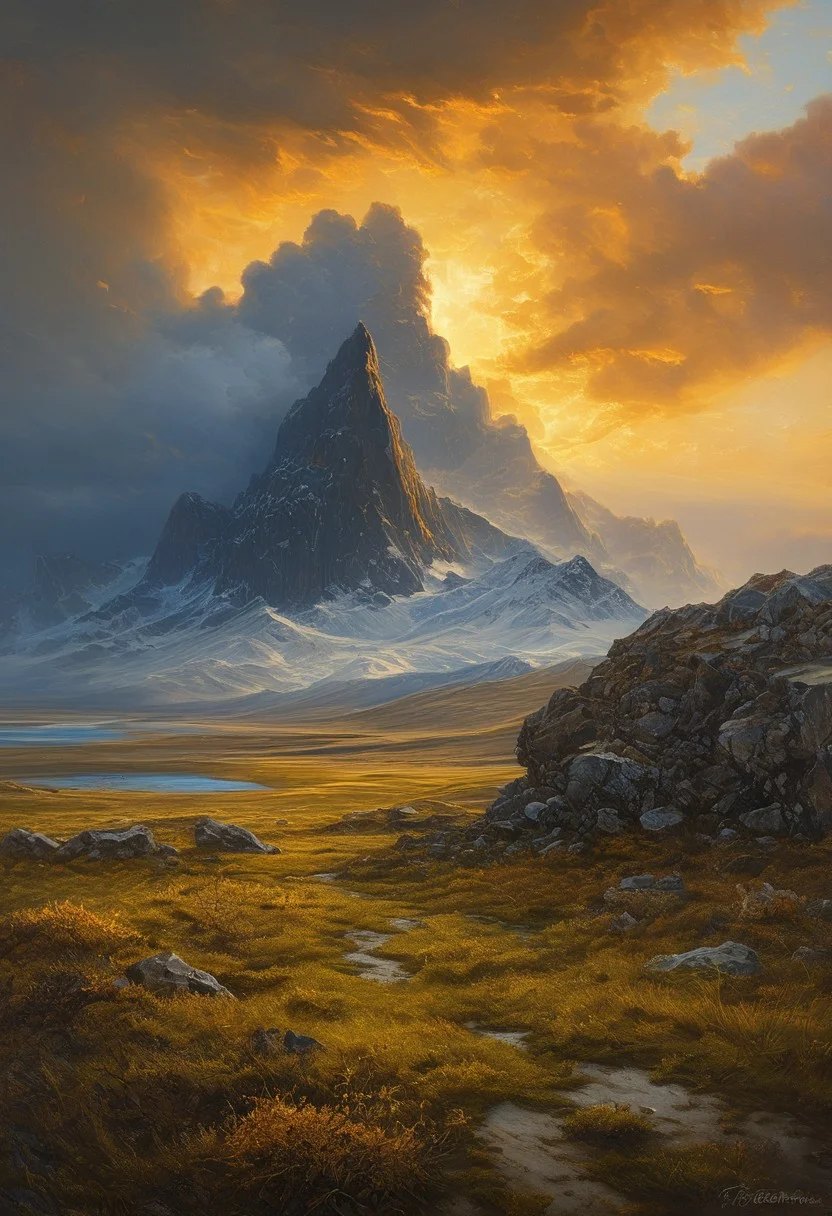 (masterpiece:1.4), (intricate details:1.4), (hyperrealistic:1.3),(painting:0.9),(fantasy landscape:1.3), Arctic tundra with permafrost patterns, Supercell rotating over prairie, Mammatus pouches under storm deck, Golden hour sidelight emphasizing texture, Yardang wind-sculpted ridges, Albert Bierstadt: (luminous skies), (dramatic mountain vistas), (hyperrealistic naturalism), (golden hour glow), Abandoned clockwork metropolis Long shot, Monochrome color guide,