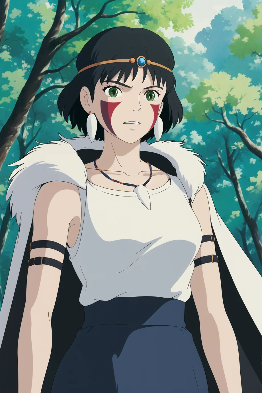 ghibli style, san \(mononoke hime\),
1girl, armlet, bangs, black hair, black undershirt, breasts, cape, circlet, earrings, facepaint, floating hair, forest, fur cape, green eyes, jewelry, looking at viewer, medium breasts, nature, necklace, outdoors, parted bangs, shirt, short hair, sleeveless, sleeveless shirt, solo, tooth necklace, tree, upper body, white shirt
, ((masterpiece))
<lora:ghibli_style_offset:1.07>