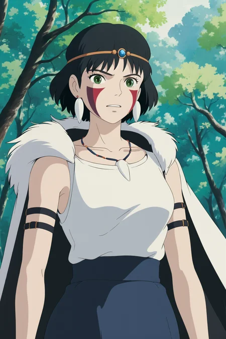ghibli style, san \(mononoke hime\),
1girl, armlet, bangs, black hair, black undershirt, breasts, cape, circlet, earrings, facepaint, floating hair, forest, fur cape, green eyes, jewelry, looking at viewer, medium breasts, nature, necklace, outdoors, parted bangs, shirt, short hair, sleeveless, sleeveless shirt, solo, tooth necklace, tree, upper body, white shirt
, ((masterpiece))
<lora:ghibli_style_offset:1.07>