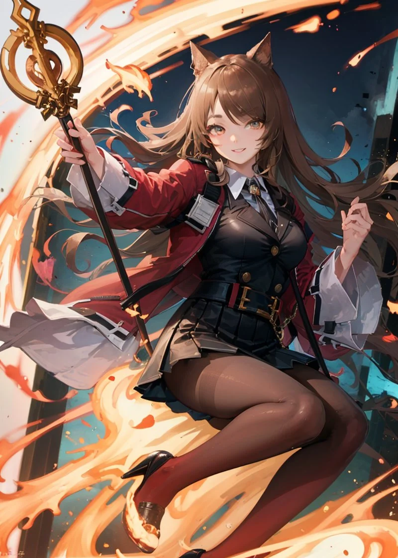 (dutch angle), (intricate details), colorful, (faux traditional media), from below, looking back, full body,
<lora:skyfire_04:0.8>, skyfire \(arknights\), arknights, wearing black blazer under cropped red jacket, cat ears, (cat tail), pantyhose, black skirt, black necktie, white collared shirt, brown hair, (high heels), (finely detailed eyes and detailed face:1.3), anime nose,  (tsurime:1.3, eyeliner, sharp eyelashes:1.2, solid eyelid), messy hair, unkempt, smile,
holding staff, flame effect, ruin, overgrown, scenery