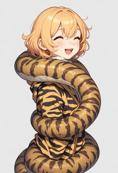 score_9, score_8_up, score_7_up, best quality, fine detail, 1girl, solo, cute, (tiger girl chibi laughing), very detailed background), (((large snake wrapped around body))), from side, happy, playing, in the jungle, fog, wet, visually interesting, vivid colors, dark shadows, highest quality,