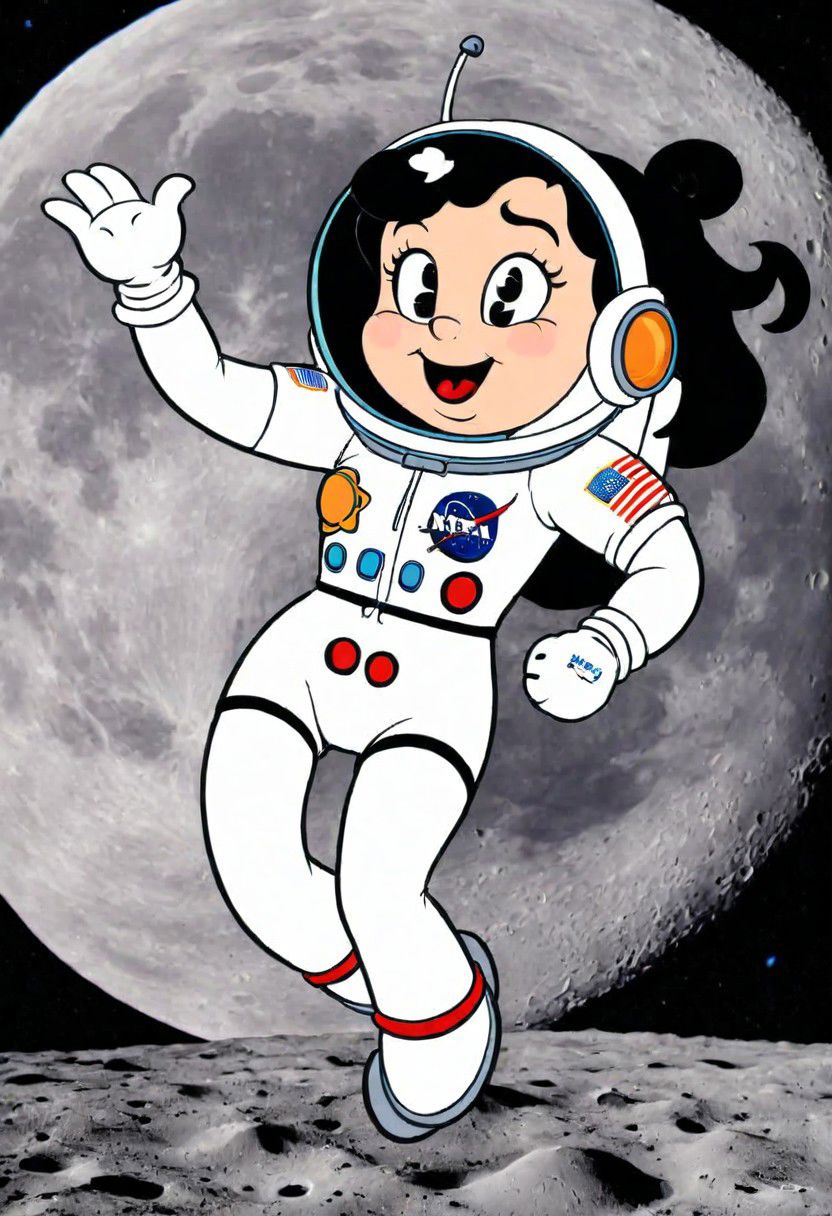 (rubber_hose_character:1.1) <lora:RubberHose_Characters_SDXL_v1:1.3>, cartoon, a woman astronaut on the moon