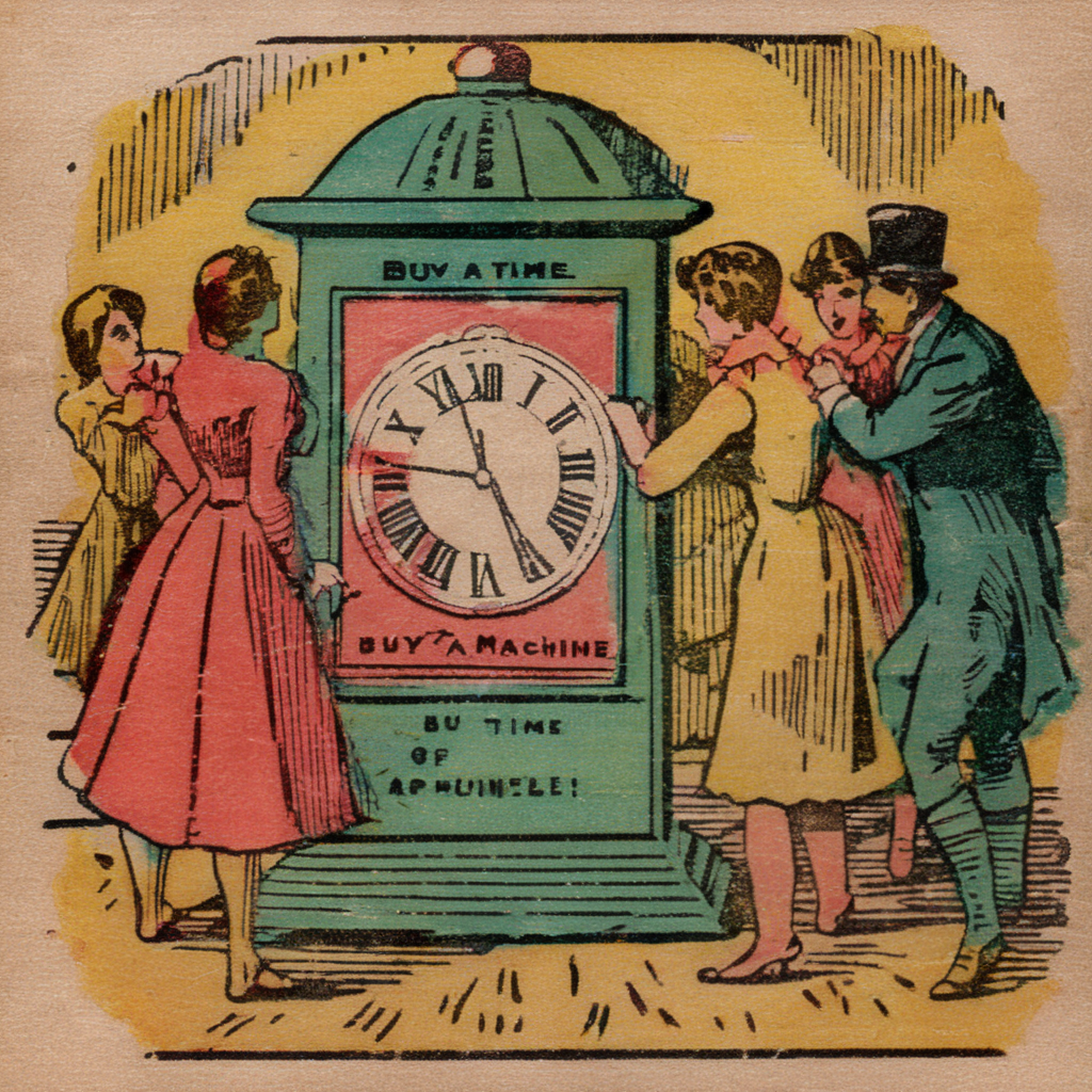 manucolgraf text "Buy a Time Machine!" advertisement, time portal, time machine, group of people around <lora:manucolgraf:0.8>