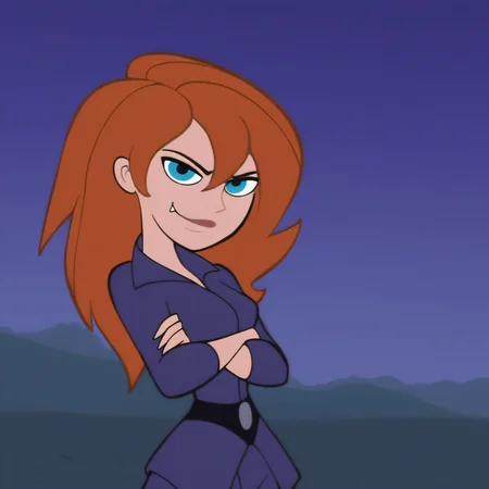 <lora:Kim_Possible_Style_6c_Illustrious_aon:1> kmstyle, masterpiece, best quality, outdoors, night, dark, looking at viewer, closed mouth, 1girl, solo, mereoleona vermillion, blue eyes, hair between eyes, orange hair, long hair, spiked hair, smug, smile, fang, blue dougi, toned