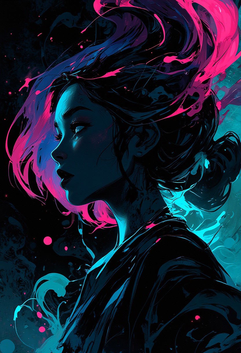 animeniji, Silhouette of a young woman,  profile view,  with vibrant, stylized features.  Dark, flowing hair with streaks of hot pink, contrasted against a backdrop of swirling, teal and magenta abstract forms.  The woman's expression is serene, her gaze directed off to the side.  Dark, solid forms create her silhouette. Vibrant teal and magenta abstract shapes swirl around her, creating a dynamic, almost ethereal atmosphere.  Deep blacks and dark blues dominate the color palette.  Bright magenta and teal highlights add a pop of color, and create a striking contrast.  The composition emphasizes the silhouette and the surrounding abstract design, suggesting a dreamy, futuristic, or anime-inspired aesthetic.  The piece utilizes a bold, expressive style reminiscent of graphic design and anime art.  Texture appears fluid, with abstract, painterly brushstrokes that suggest movement and energy.  Atmospheric lighting creates a strong contrast between light and shadow, emphasizing the silhouette.  The perspective is a three-quarter profile shot, focusing on the woman's features and posture.  Style: stylized, dynamic, painterly.  Mood: contemplative, energetic, mysterious.