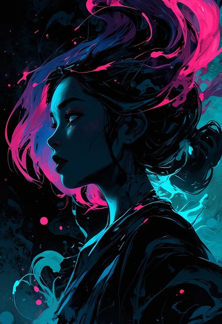 animeniji, Silhouette of a young woman, profile view, with vibrant, stylized features. Dark, flowing hair with streaks of hot pink, contrasted against a backdrop of swirling, teal and magenta abstract forms. The woman's expression is serene, her gaze directed off to the side. Dark, solid forms create her silhouette. Vibrant teal and magenta abstract shapes swirl around her, creating a dynamic, almost ethereal atmosphere. Deep blacks and dark blues dominate the color palette. Bright magenta and teal highlights add a pop of color, and create a striking contrast. The composition emphasizes the silhouette and the surrounding abstract design, suggesting a dreamy, futuristic, or anime-inspired aesthetic. The piece utilizes a bold, expressive style reminiscent of graphic design and anime art. Texture appears fluid, with abstract, painterly brushstrokes that suggest movement and energy. Atmospheric lighting creates a strong contrast between light and shadow, emphasizing the silhouette. The perspective is a three-quarter profile shot, focusing on the woman's features and posture. Style: stylized, dynamic, painterly. Mood: contemplative, energetic, mysterious.