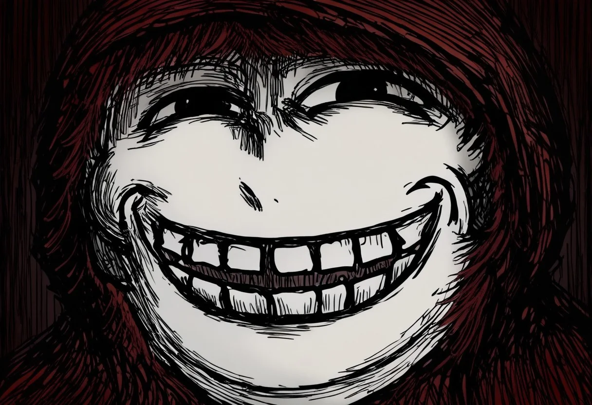 trollface, teeth, smile, red hood, solo, masterpiece, best quality, best face quality, best quality, (black souls style:1,2), simple background, night, expressive, stand straight