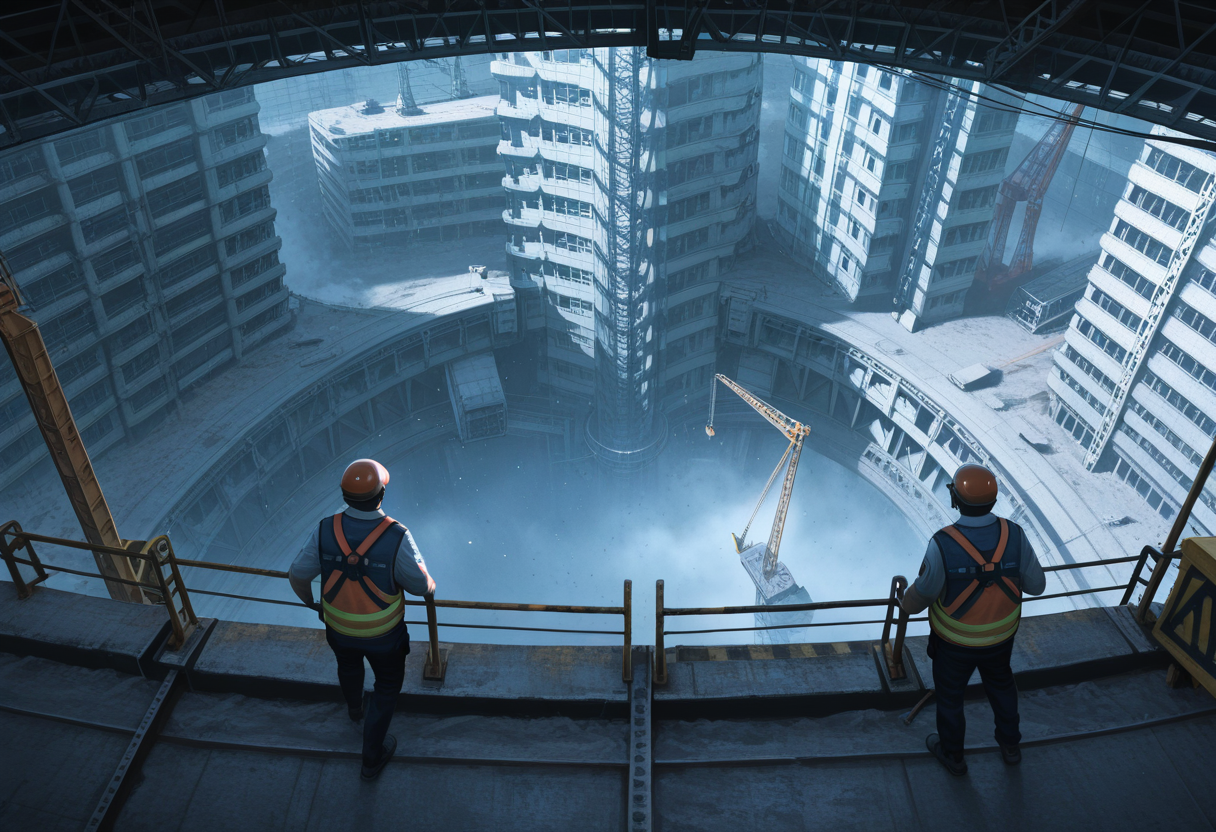 <lora:Layout1_IL:1>, layout1, masterpiece, best quality, amazing quality, very aesthetic, absurdres, newest, construction_site, industrial_crane, worker_in_vest, scaffold_towers, realistic_lighting, concrete_walls, machinery_detail, cinematic_industrial_scene, dust_particles, engineering_operation
