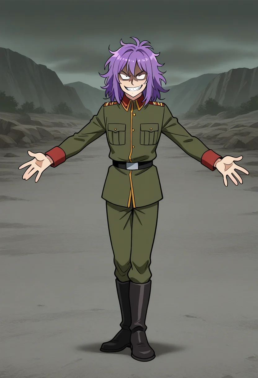 frieezastance, outstretched arms, open hands, legs together, 1boy, solo, medium hair, purple hair, messy hair, grin, evil smile, military uniform, quarry, full body