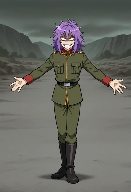 frieezastance, outstretched arms, open hands, legs together, 1boy, solo, medium hair, purple hair, messy hair, grin, evil smile, military uniform, quarry, full body
