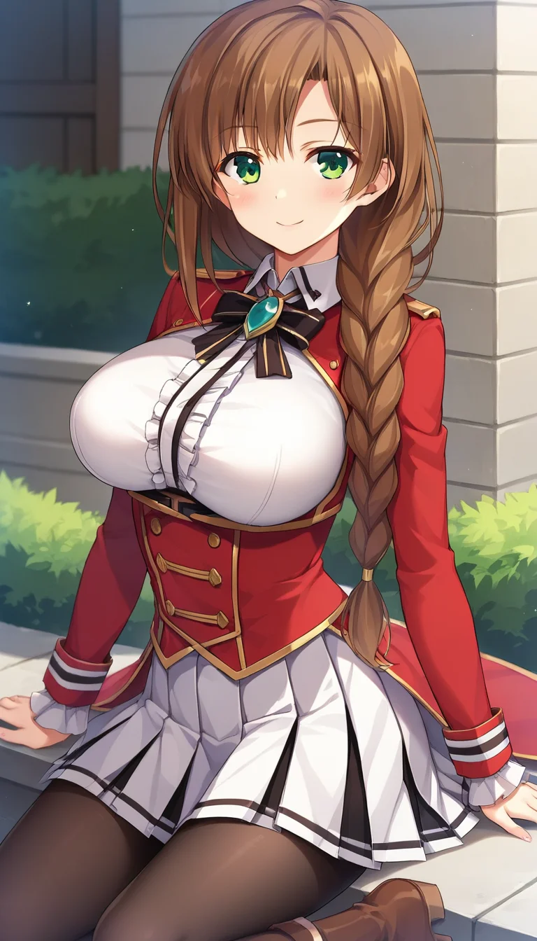 score_9,score_8_up,masterpiece,best quality,correct anatomy,anime_source,1girl,solo,perfect eyes,perfect arms,perfect legs,perfect face,outdoors,upper body,(portrait:1.5),looking at viewer,facing viewer,smile,blush,Kuninaka Kaori,very long hair,brown hair,single braid,hair over shoulder,sidelocks,bangs,green eyes,uniform,black bowtie,black ribbon,brooch,red jacket,cropped jacket,white shirt,collared shirt,center frills,shirt breasts out,red corset,long sleeves,large breasts,underbust,jewelry,miniskirt,white skirt,pleated skirt,black pantyhose,boots,brown footwear,<lora:Kuninaka Kaori(kpk)-Pony:1.1>,