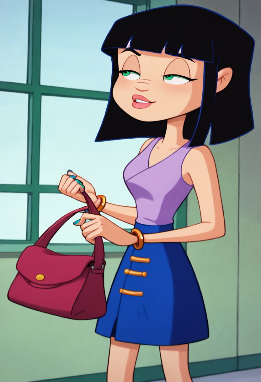1girl, solo, score_6, score_7, score_8, score_9, masterpiece, best quality, highly detailed, lips, eyeliner, medium hair, blunt bangs, black hair, hair has blue reflects, green eyes, snob, sassy, bedroom eyes, jewelry, high class, colored nails, jewelry, lavender tank top, navy blue mini skirt with split in front, short skirt, navy blue skirt, 2 white horizontal belt strap buckles on top of each other on skirt, white buckles, light lavender colored purple doc marten high top boots, gold bracelets, middle school, pre teen, holding a purse