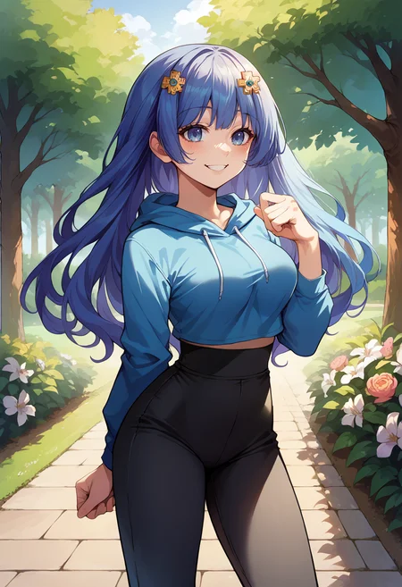 score_9, score_8_up, source_anime, 1girl, solo, IzayoiMiku, long hair, flower hairclip, outdoors, park, blue hoodie, high-waist pants, yoga pants, black pants, light blush, smile, <lora:ChamMikuIzayoiPonyXL:1>