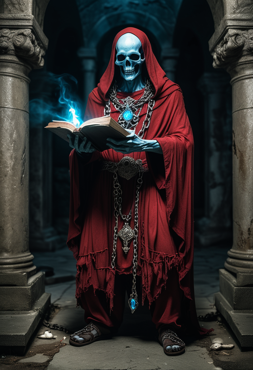 (medium full shot) of (ancient lich) with blue eyes, wearing a crimson red enchanted tunic, enchanted pants, enchanted shoes, clutching a dark tome with chains, surrounded by surrounded by a sinister aura, set in  a dimly lit crypt, with ancient stone sarcophagi and the faint smell of decay, where silence reigns supreme, ,Masterpiece,best quality, raw photo, realistic, very aesthetic