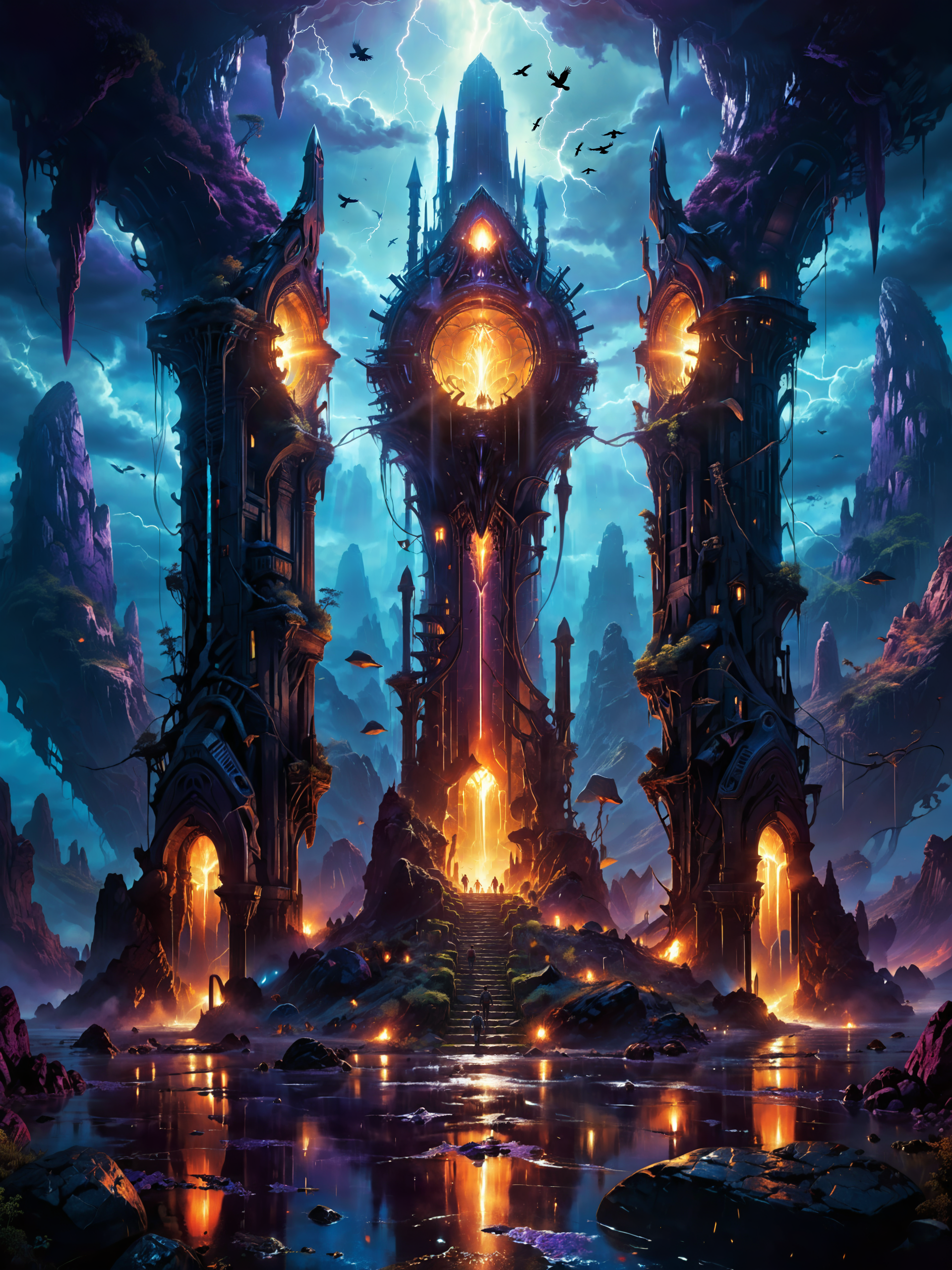 <lora:more_artful-xl:0.8> <lora:add-detail-xl:2.4> <lora:style-matte_black_contrast-xl-v3-by_tijuanaslumlord:0.4> <lora:style-glowing_neon-xl-by_cybernella:0.8> <lora:envybetterhiresfixxl01-xl:0.0:hr=1.0>, vntblk, movie poster art, [blood moon, red moon, darkest night, dark forest path with trees standing in line, black and red:famous artwork by (stephan martiniere:1.3) and (magali villeneuve:1.3), glowing ornate lovecraftian artifact, (intriguing and unusual:1.2) landscape with (towering obelisks:1.6) piercing the sky, ominous and dark, jagged rock formations, night sky, mysterious, ethereal, deserted, dark corners, (blue:1.2), (sunset orange:0.8), (aubergine:1.1):16], ultra detailed