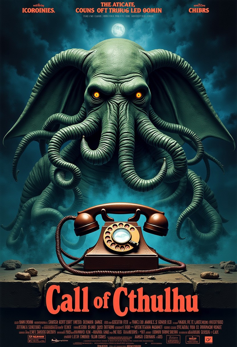 "Call of Cthulhu".
Movie poster of Cthulhu on a telephone.
Ethereal imagery.
mvpstrCE style