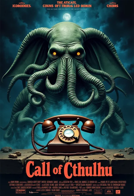 "Call of Cthulhu".
Movie poster of Cthulhu on a telephone.
Ethereal imagery.
mvpstrCE style