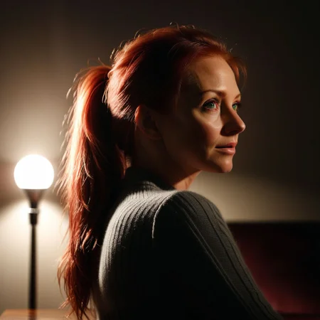 Masterpiece, (1:00 am) very dark night, sodium street lights, Rembrandt lighting, photorealistic, sharp focus, medium shot, 1girl, 36-year-old, (cute: 1.5) (petite: 1.3), red hair, (messy ponytail: 1.3), With Thick Eyelashes, small mouth, (realistic skin texture: 1.3), dark green eyes, (extremely delicate: 1.3), sparsely decorated apartment, wood floor, in the bedroom (holding out her arms (expecting a hug): 1.3), vulnerable, shy, hopeful, wearing a (black nightie). (loving, expectant smile: 1.5)