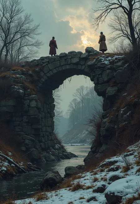 collapsed bridge, near a half collapsed stone bridge two men wearing XIII century clothes are climbing the big rocks of the stone bridge, the bridge is half collapsed, the collapsed bridge lead down, desolation, dark atmosphere, dusk, winter, (style of Andreas Achenbach:0.7), no buildings,