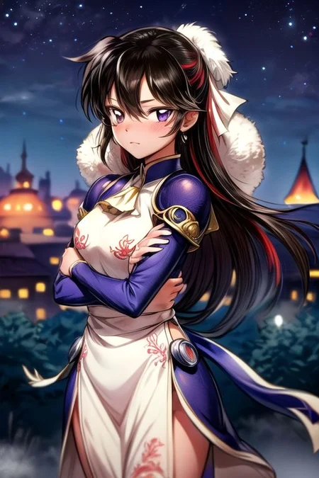 best quality 1girl Setsun4 solo long hair, (night time) forest background black hair very long hair purple eyes multicolored hair armor, small, (fur trim) (medium body),<lora:EMS-179-EMS:0.800000>,<lora:EMS-293862-EMS:0.800000> bow, hair_bow, hair_tubes, red_bow, brown_hair, long_hair, bangs, ascot, frilled_bow, yellow_ascot, blush, smile, hair_between_eyes, athletic, armor, miko, ,(((intricate outfit,intricate clothes,embroidered outfit,ornate outfit,embroidered clothes,ornate clothes))), strengthmda, crossed arms,