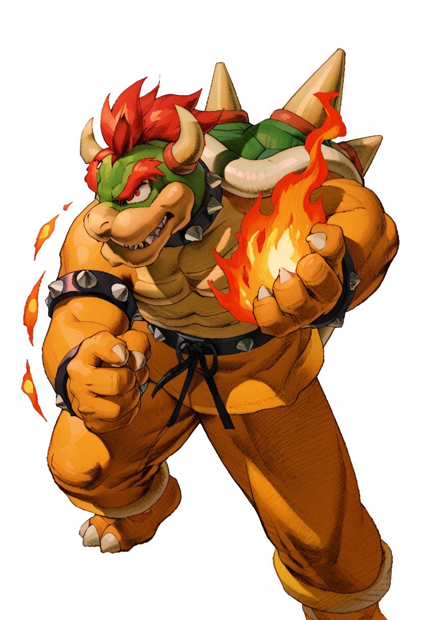 score_9, score_8, score_7, score_6, MVC2style, simple background, white background, upper body, 1boy, Bowser, fighting stance, looking at viewer, throwing fire ball