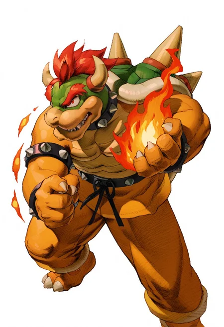 score_9, score_8, score_7, score_6, MVC2style, simple background, white background, upper body, 1boy, Bowser, fighting stance, looking at viewer, throwing fire ball