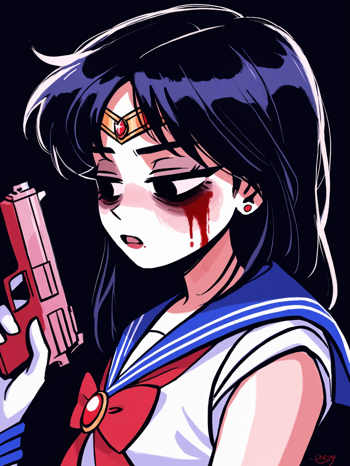 score_9, score_8_up, score_7_up, score_6_up, score_5_up, score_4_up, rating_safe
BREAK
sailor mars, circlet, black hair, black eyes, looking away, tired, half-closed eyes, bags under eyes, sigh, open mouth, looking down, blood on face, blood splatter,
BREAK
solo, portrait, magical girl, red serafuku, from side, holding gun, handgun, blood on weapon,
BREAK
black background, <lora:Lunas-Megrocks-SDXL-A1:1>