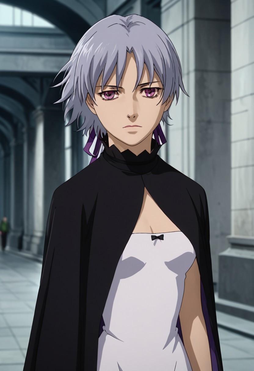 source_anime, D4RK3RTH4NBL4CK, DTB_Style,((score_9)),score_8_up,score_7_up,score_6_up,score_5_up,score_4_up, retro_artstyle, anime style, 1boy, yin_(darker_than_black), white_hair, purple_eyes, expressionless, dress, hair_ribbon, medium breasts, looking at viewer, facing viewer, masterpiece, best quality, highres, best illumination, depth of field, Artist style:komori_takahiro