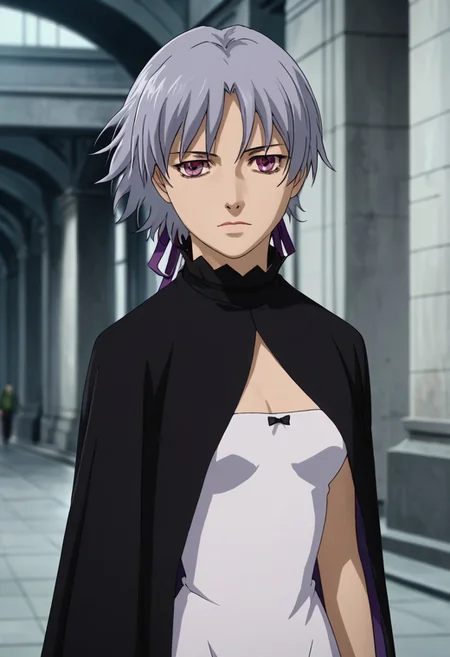 source_anime, D4RK3RTH4NBL4CK, DTB_Style,((score_9)),score_8_up,score_7_up,score_6_up,score_5_up,score_4_up, retro_artstyle, anime style, 1boy, yin_(darker_than_black), white_hair, purple_eyes, expressionless, dress, hair_ribbon, medium breasts, looking at viewer, facing viewer, masterpiece, best quality, highres, best illumination, depth of field, Artist style:komori_takahiro