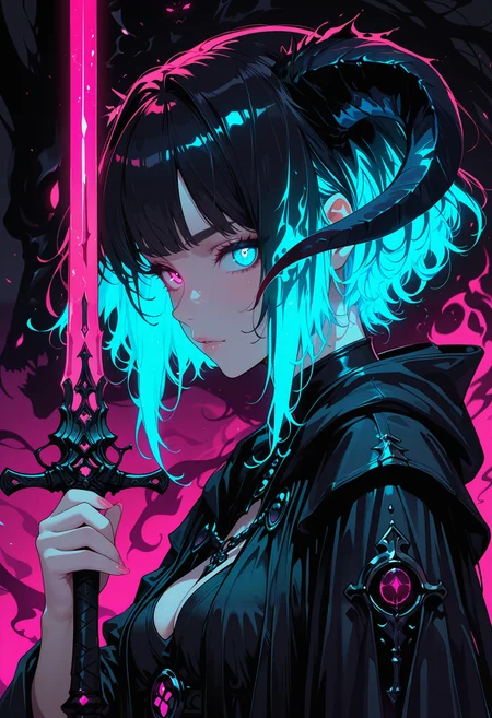 masterpiece, best quality, good quality, very aesthetic, absurdres, newest, 8K, depth of field, focused subject, 
close up, 1girl, demon face, solo, black jedi robe, glowing hair, looking at the viewer, heterochromia eyes, neon color palette, holding neon sword, eerie, dynamic lighting, shadows, silhouette, ghost in armor, dynamic angle,from side,