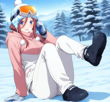 masterpiece, high quality, high res, absurd res, ultra high quality,
<lora:Miku_Nakano_Illustrious_v57:1>, M1kuNakan0_Illu, 1girl, solo, brown-red_hair, long_hair, bangs, dark-blue_eyes, pom-pom_winter_hat, ski_goggles, pink_winter_jacket, winter_gloves, ski_boots, white_pants, full body, winter, (anime_screencap:1.2)