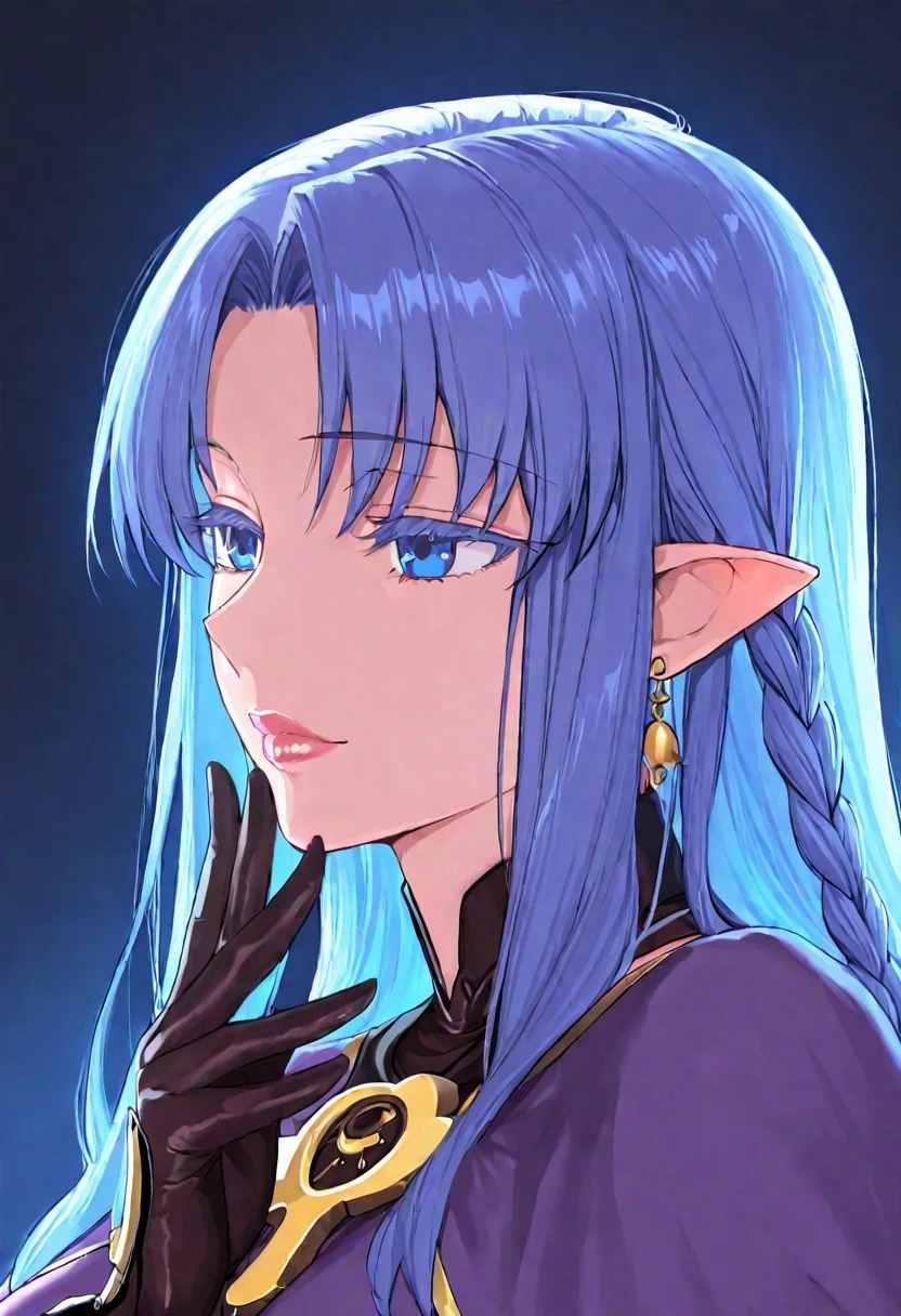 1girl, Medea \(fate\),, adult woman, earrings, masterpiece, purple dress, hand up, black gloves, blue hair, long hair, pointy ears, luscious lips, lip gloss, portrait, colored eyelashes, backlighting, blue eyes, goddess, glossy skin, ,hires,best quality, very aesthetic,absurdres,score_9, score_8_up, score_7_up, score_6_up, score_5_up, score_4_up, (hyper extreme detailed), (hyper quality), game CG, (colour:1.2),(from side:0.7)