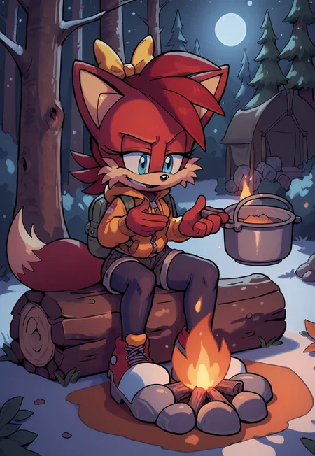 safe_pos, score_9, score_8_up, score_7_up, score_6_up, score_5_up, score_4_up, (Source furry), <lora:FionaFox:0.8>, fiona fox, 1girl, solo, mobian, 1girl, solo, fiona fox_(sonic series), small breasts, body fur, animal nose, two-tone fur, blue eyes, red fur, hair bow, yellow bow, fox girl, short hair, red hair, fox tail, tail waging, athletic figure, (wool leggings, cargo short shorts, zip up hoodie, backpack), ultra detailed, narrow hips, fit girl, (1 girl, solo focus), (four fingers on each hand, four fingers, one thumb on each hand), detailed background, lit by campfire, night, listening intently, listening to story around campfire, cooking pot, cooking pot over campfire, ((sitting on log by campfire, outdoors, campfire, tent, logs, c4mps1te)), (autumn, forest, tree, autumn leaves, nature, outdoors), well lit, high res image, masterpiece, Dutch angle