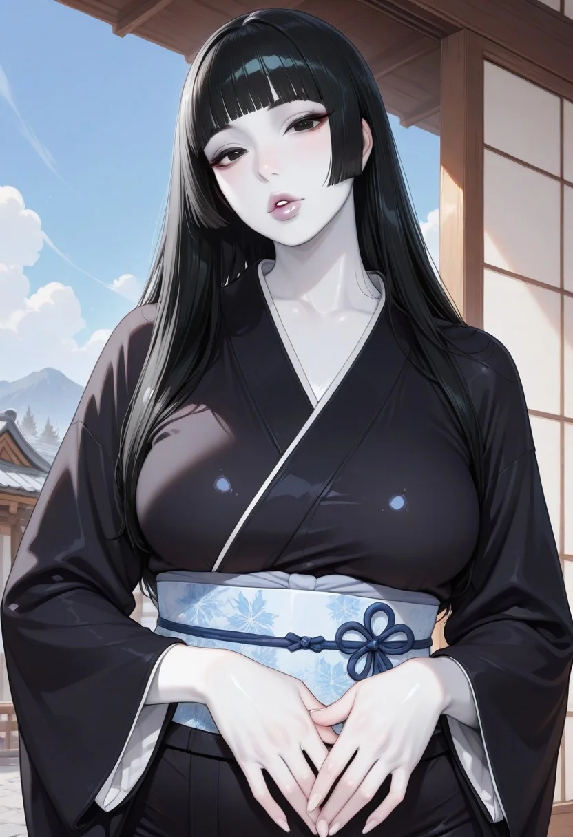 Mature woman, MILF, 1girl, sky, black hair, long hair, hime cut, masterpiece, black eyes, colored skin, (white skin:1.3), glossy skin, Yuki-Onna, luscious lips, pale lips, glossy lips, parted lips, looking at viewer, black kimono, wide sleeves, obi, japanese clothes, medium breasts, wide hips, outdoors, hands held together on stomach, cloud, volumetric lighting, blue sky, portrait, upper body,