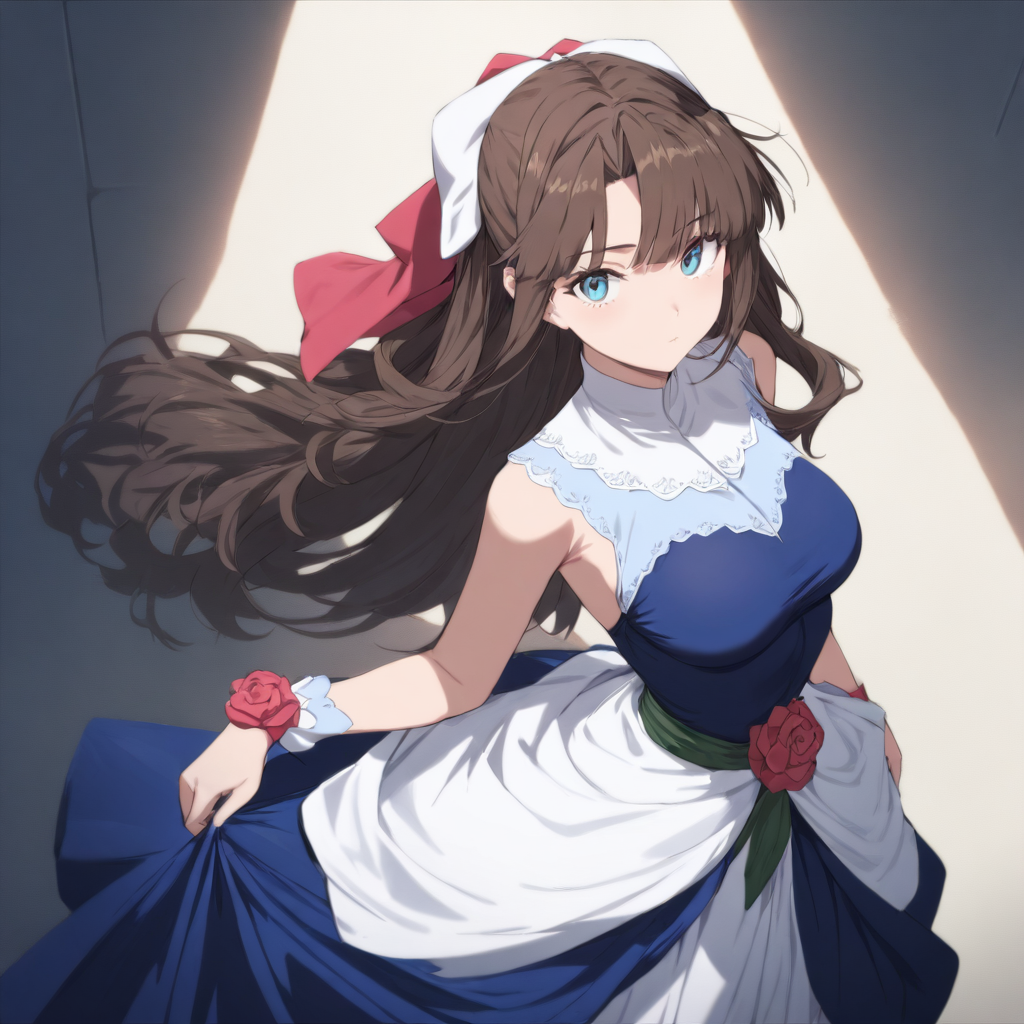 1girl,solo,looking at viewer,cowboy_shot,masterpiece,high score,great score,absurdres,<lora:Maria_ Nanadan ag4o v1:1> maria_ nanadan, brown hair, long hair, blue eyes,dress,