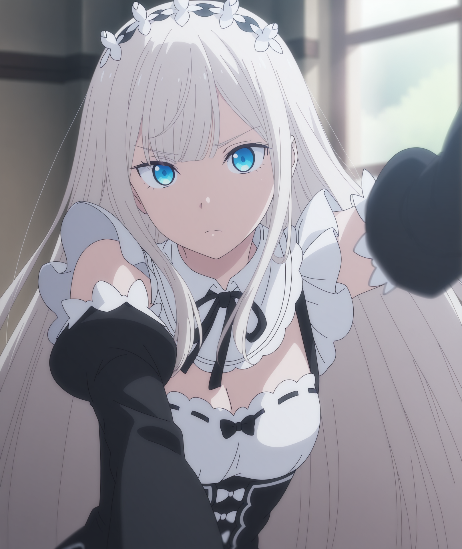 highres, absurdres, hi res, best quality, masterpiece, 2d, intricate details, 4k, anime coloring, elegant, digital painting, highly detailed, artstation, sharp focus, illustration,
1girl, solo, female, eyelashes, nose, long hair, bangs, blue eyes, white hair, 
maid, maid headdress, maid apron, roswaal mansion maid uniform, detached sleeves, cosplay, alternate costume, 
looking at viewer, 
blurry, motion blur, motion lines, focus blur, depth of field, <lora:Elena_Kimberlite_(Character)_ILXL:1>,