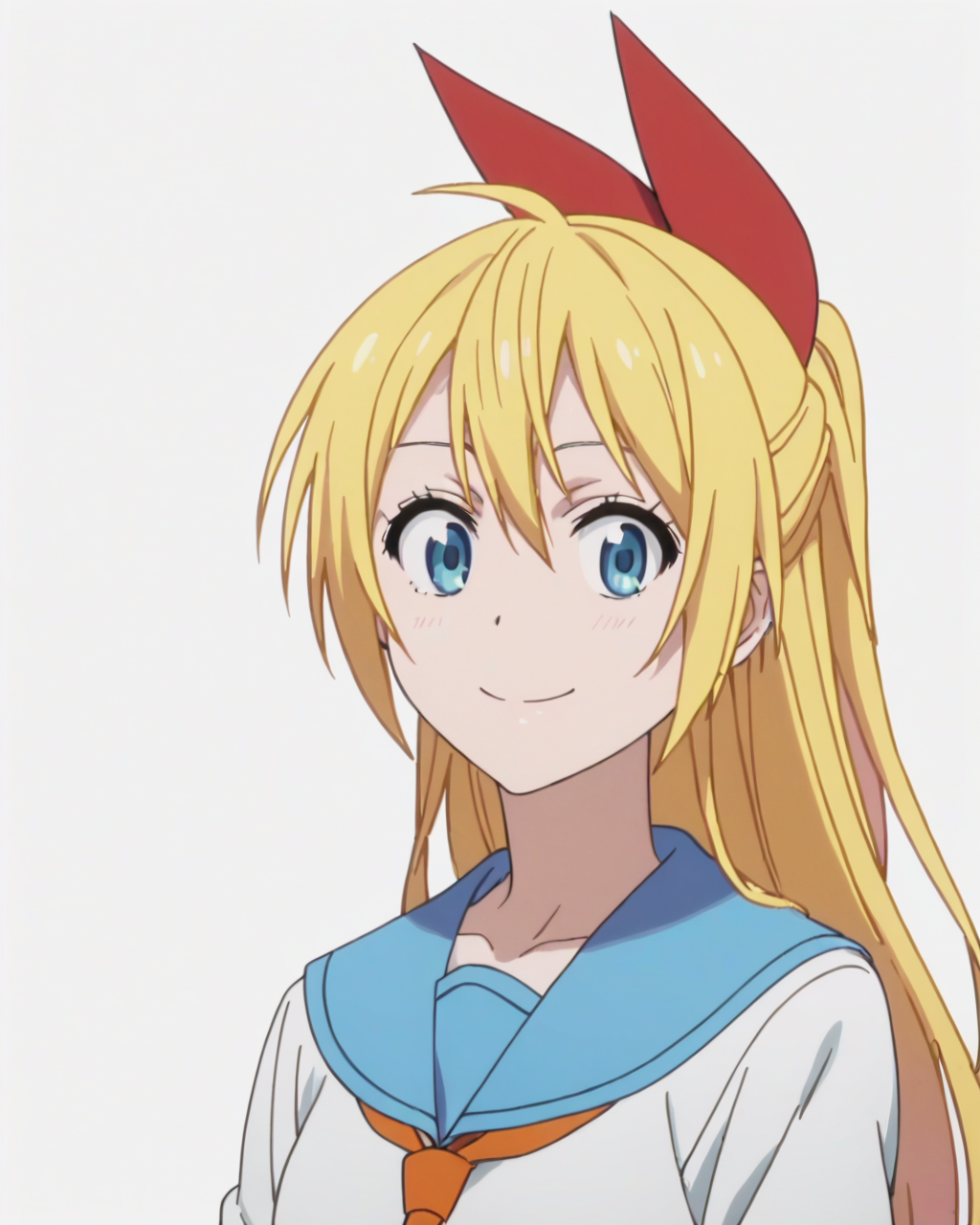 score_9, score_8_up, score_7_up, best quality, masterpiece, anime, anime screencap, anime coloring, looking at viewer, 1girl, solo, upper body, (simple background, solid white background:1.3), <lora:chitoge-nisekoi:0.8>, chitoge kirisaki, serafuku, school uniform, hair ribbon, smile