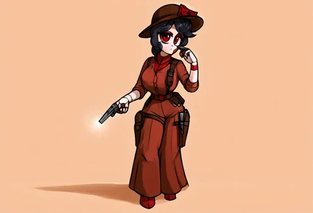score_9, score_8_up, score_7_up, BREAK, ais-cowboyz, solo, eyelashes, cute, 1girl, looking at viewer, Aria, red eyes, black hair, hat, source_cartoon, large breasts, bright colors, 1890_dr3ss, holster with gun, revolver, full body image, in a wild west desert