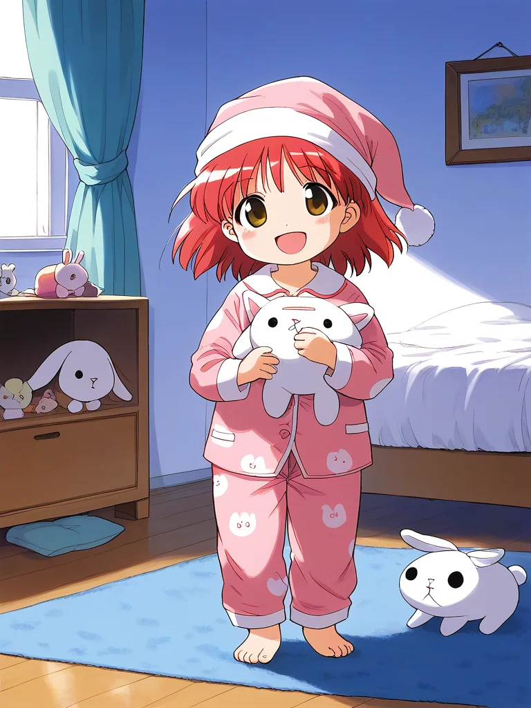 score_9, score_8_up, score_7_up, source_anime, rating_explicit, BREAK  <lora:momo_shunrai_XL:1> momo_ shunrai, short stack,  short hair,  red hair, brown eyes,
pink pajamas,  rabbit stuffed toy, pink night cap, stuffed animal, 1girl,  open mouth, solo, Yellow button,
room, flooring, curtain, 
smile, standing,
looking at viewer, 
cowboyShot,