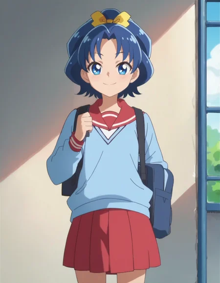 score_9, score_8_up, score_7_up, anime screencap, solo,1girl, tategamiaoi,school uniform, smile,red skirt,serafuku, light blue sweater, hair bow,looking at viewer,cowboy shot,small breasts,<lora:tategamiaoi:0.8>