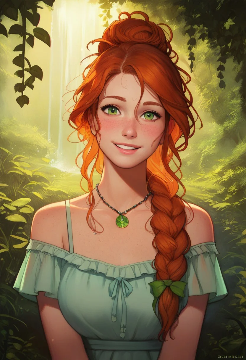 score_9_up, score_8_up, score_7_up, score_6_up, score_5_up, pg13, <lora:4t4rXLP:0.8> 4t4r, perfect cute face, perfect eyes, detailed, intricate details, chromatic aberration, realistic, dim lighting, 1girl, solo, 28yo redhead, (freckles), green eyes, striped off-the-shoulder sundress, layered necklace, strappy sandals, hair tied up in a messy bun with loose strands framing face, beautiful green forest and waterfall, looking at the viewer, (blush), subtle smile, fFaceDetail, stunning, masterpiece, close-up, kawaii