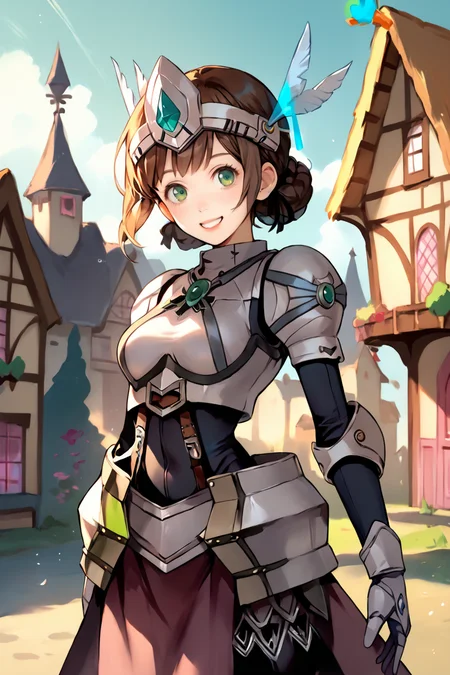score_9, score_8_up, score_7_up, score_6_up, score_5_up, source anime, BREAK, bright and vibrant colors, solo, <lora:DuvalieArmor:0.9> , Duvalie, green eyes, brown hair, black ribbon, medium breasts, wing ornament, visor, armor, armored dress, bodysuit, black bodysuit, pantyhose, armored boots, greaves, skirt, waistcloak, standing, happy, smile, <lora:hand 4:0.6> , Hand, hands, perfect hands, realistic background, village, halloweentown, mystical, wisps, outdoors, daytime, <lora:1e2_r1:0.5> , 1e2,