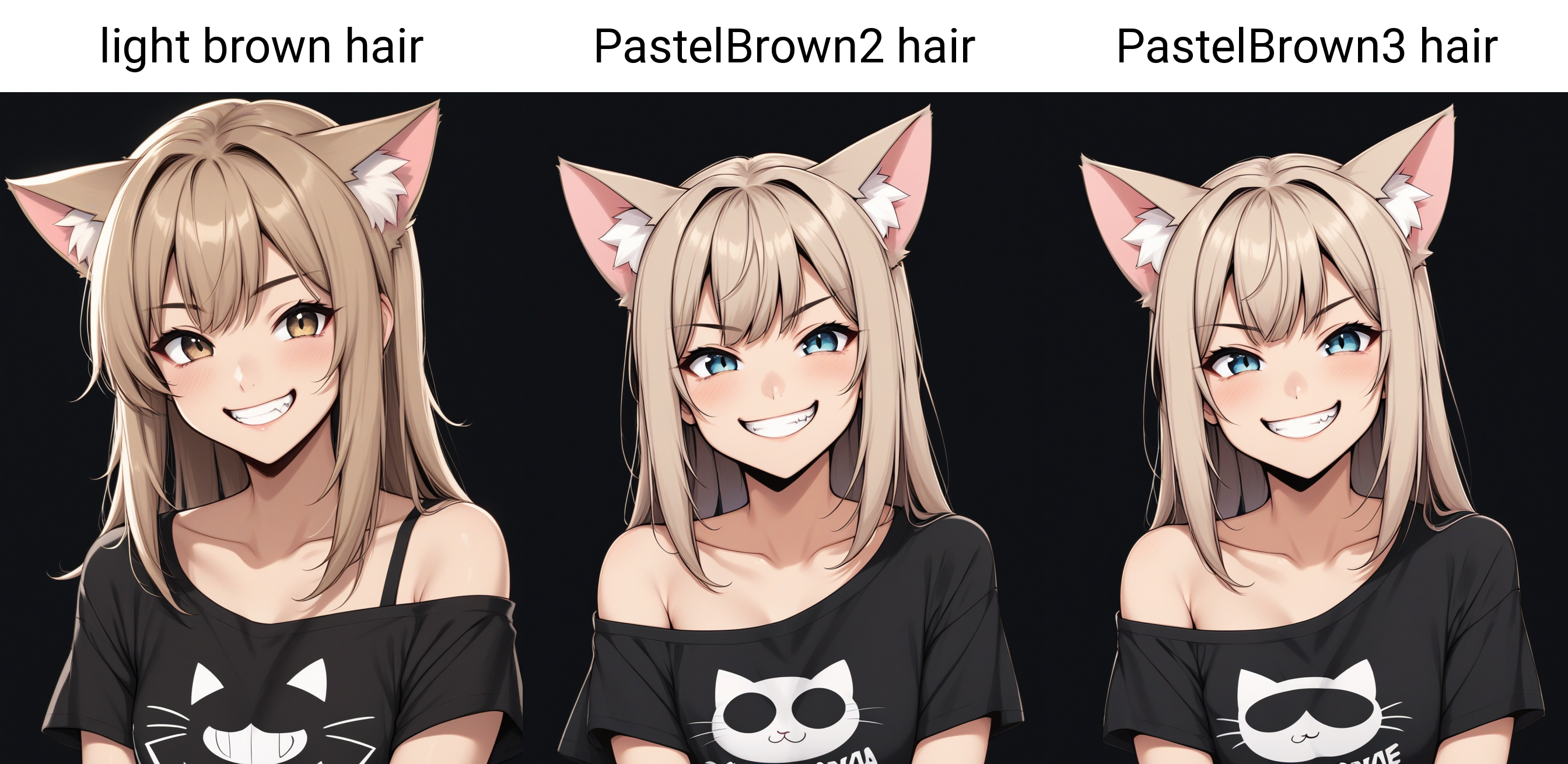 1girl, cute, cat ears, toothy grin, t-shirt, off-shoulder, light brown hair, black background