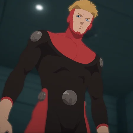 p0w3rpl3x, 1boy, male focus, blonde hair, blue eyes, highly detailed, intricate details, detailed background, solo, angle from below, from below, standing, indoors, room, modern room, red mask, red and black bodysuit, metal circles, looking at viewer, serious face,  <lora:Powerplex:1>